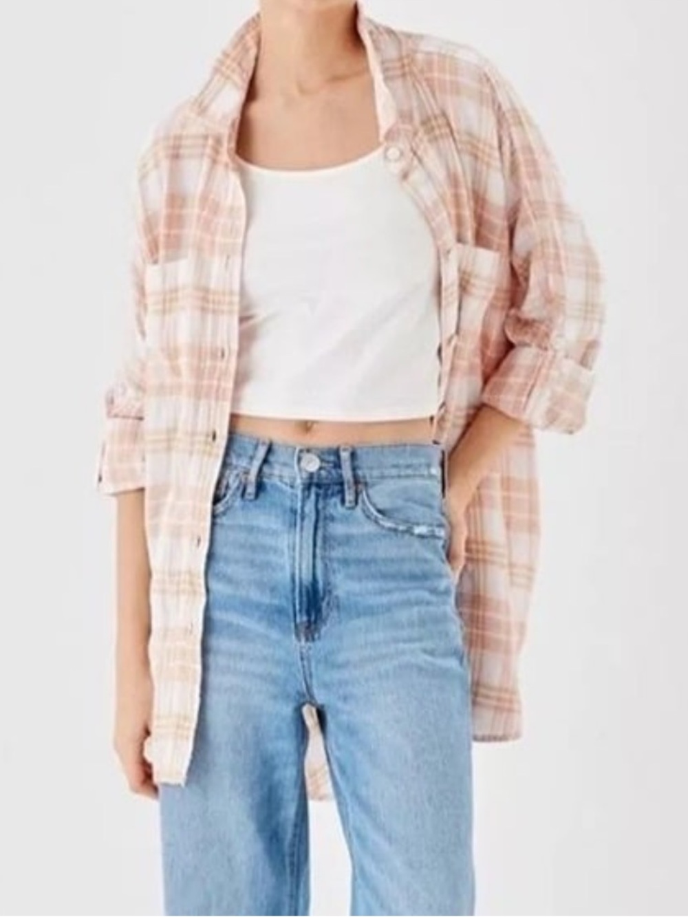 American Eagle Oversized Linen Blend Plaid Button-Up Shirt